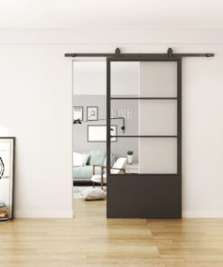 zwart stalen loftdeur 3 vlaks met kickplate