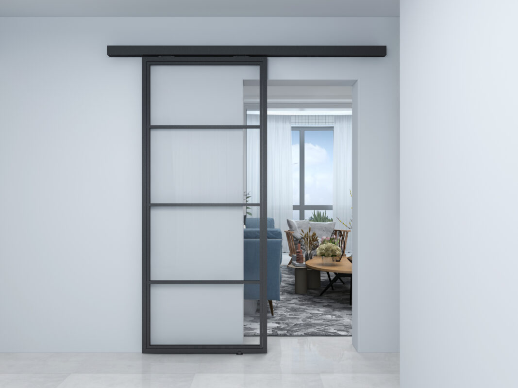 zwart stalen loftdeur met helder glas en blinde geleiding