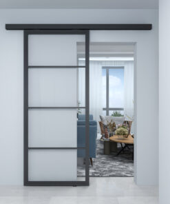 zwart stalen loftdeur met helder glas en blinde geleiding